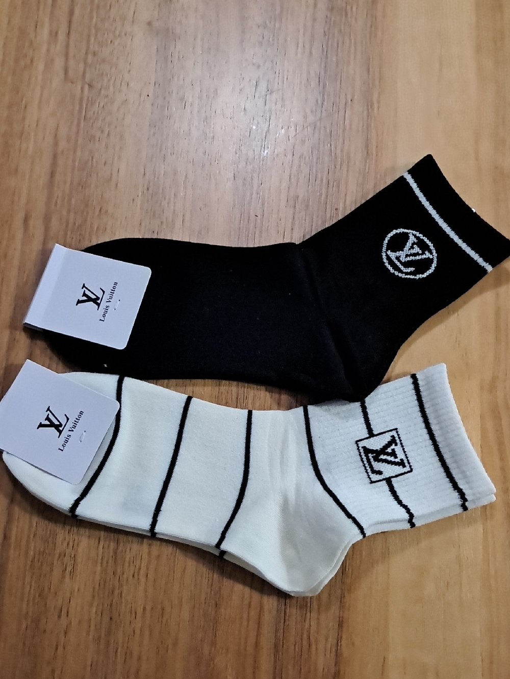 Louis Vuitton Black & White Striped Logo Crew Socks